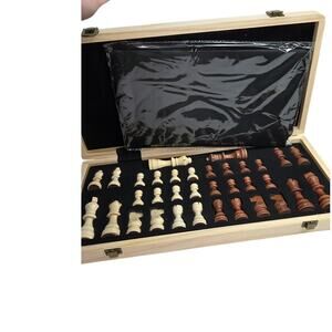 Magnetic Wooden Chess Set Foldable Board 2 Extra Queens Adult Travel Game